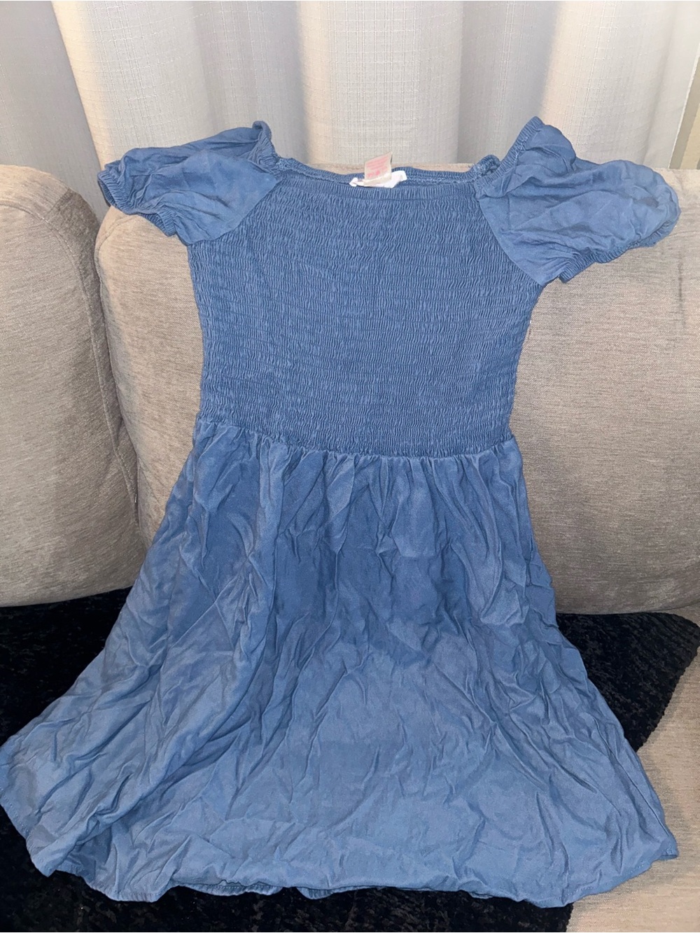 Girls' Blue Smocked Puff-Sleeve Casual Dress